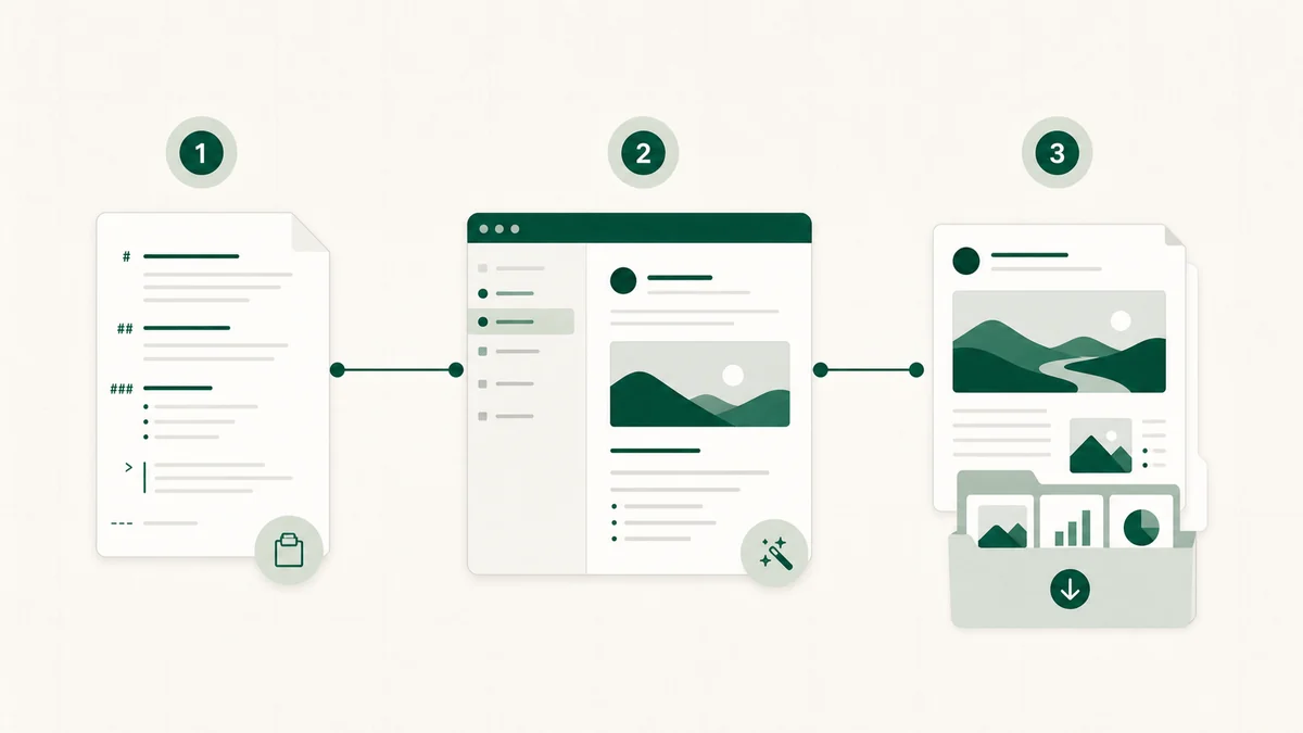 A Markdown draft moving through three stages: input, editorial shaping, and an organized publishing export.